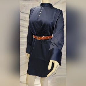 BANANA REPUBLIC Navy Blue High Neck Long Sleeve Keyhole Dress Sz Medium Belt Tie
